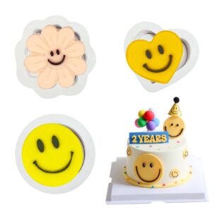 smiley face fondant molds (3pcs), smile flower heart cake decorating silicone mold for cupcake toppers, cookies, bread, candy, chocolate, butter, jelly, gum, polymer clay, candles, soap, epoxy