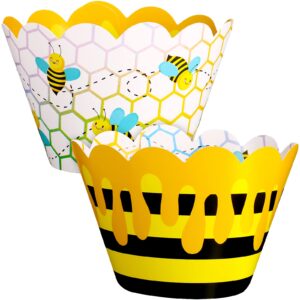 48 pieces honey bee cupcake wrappers reversible bee cup cake holder honey bee scalloped cupcake holder yellow and black stripes cup cake wrappers, what will it be gender reveal party supplies