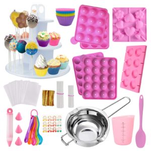 makmeng 454pcs cake pop maker kit - silicone cake pop set with 3 tier cake pop stand, cake pop molds, chocolate candy melting pot, lollipop sticks and decorating pen - kids baking gifts set for kids