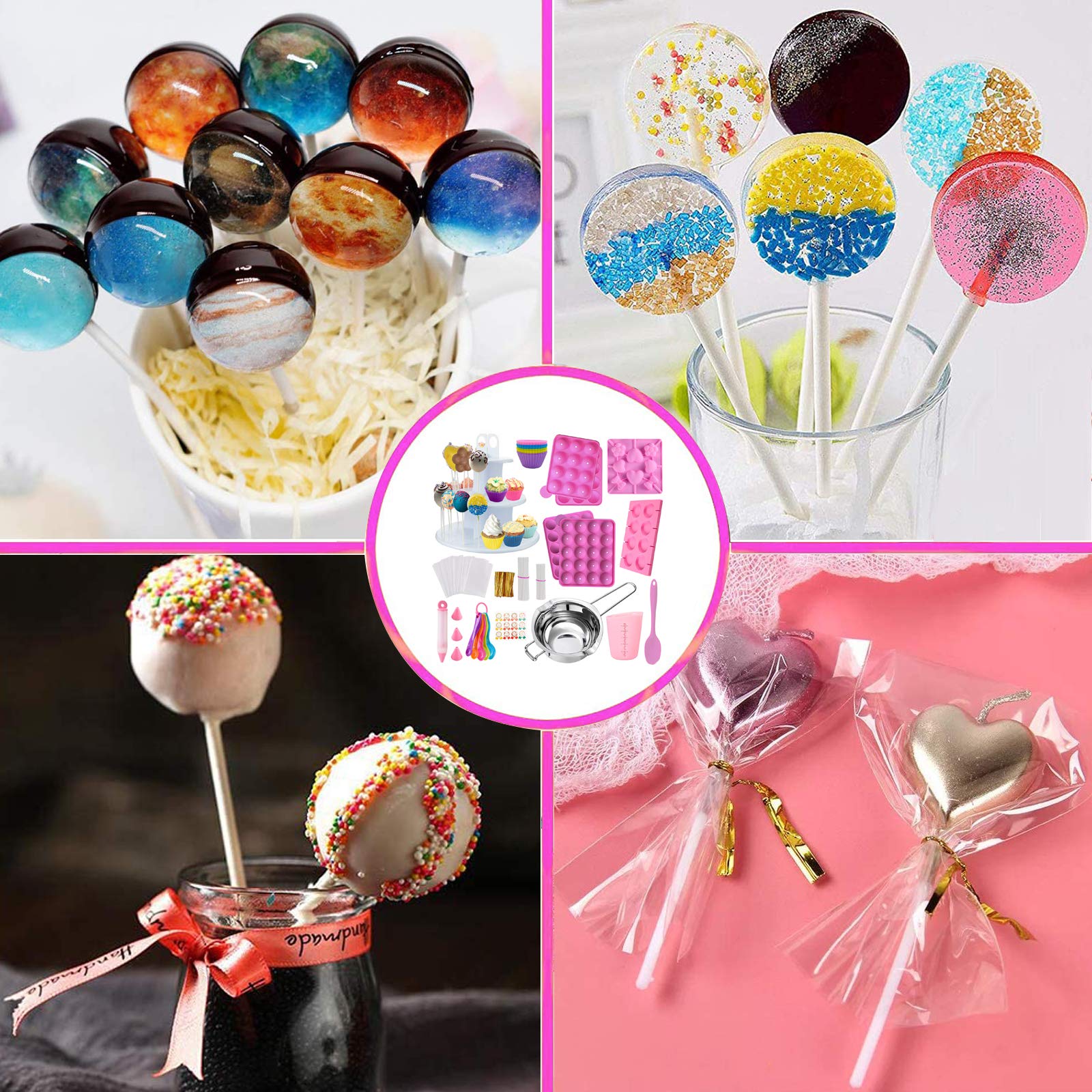 Makmeng 454Pcs Cake Pop Maker Kit - Silicone Cake Pop Set with 3 Tier Cake Pop Stand, Cake Pop Molds, Chocolate Candy Melting Pot, Lollipop Sticks and Decorating Pen - Kids Baking Gifts Set for Kids