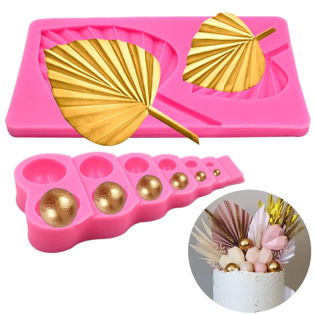 Fan Leaf Silicone Mold, 3D Pearl Fondant Mold and Palm Leaf Cake Mold for Cake Decorating, Semi Sphere 3D Chocolate Molds Leaf Shape Fondant Molds for Cookies Sugar Pudding Candies Dessert Decor