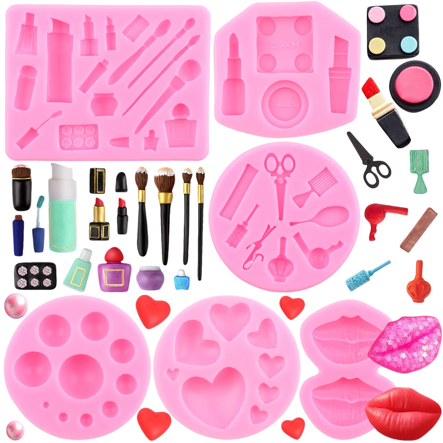 ZiXiang Valentine's Day Fondant Molds Makeup Theme Silicone Mold Lips Hearts Silicone Candy Mold Kiss Lipstick Perfume Mold For Chocolate Cake Decorating Cupcake Topper Gum Paste Polymer Clay Set Of 6