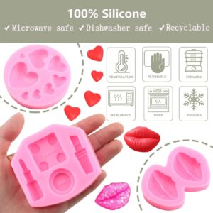 ZiXiang Valentine's Day Fondant Molds Makeup Theme Silicone Mold Lips Hearts Silicone Candy Mold Kiss Lipstick Perfume Mold For Chocolate Cake Decorating Cupcake Topper Gum Paste Polymer Clay Set Of 6