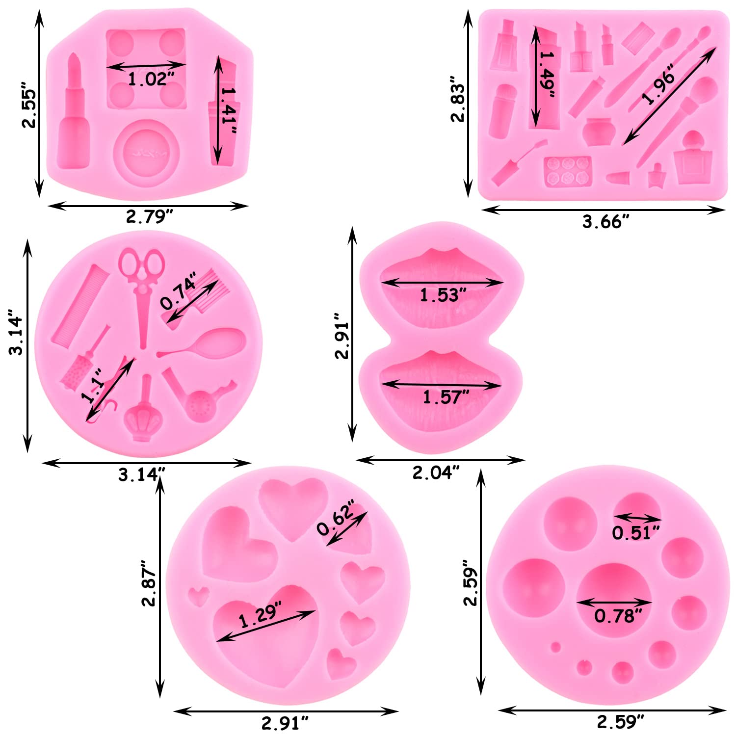 ZiXiang Valentine's Day Fondant Molds Makeup Theme Silicone Mold Lips Hearts Silicone Candy Mold Kiss Lipstick Perfume Mold For Chocolate Cake Decorating Cupcake Topper Gum Paste Polymer Clay Set Of 6