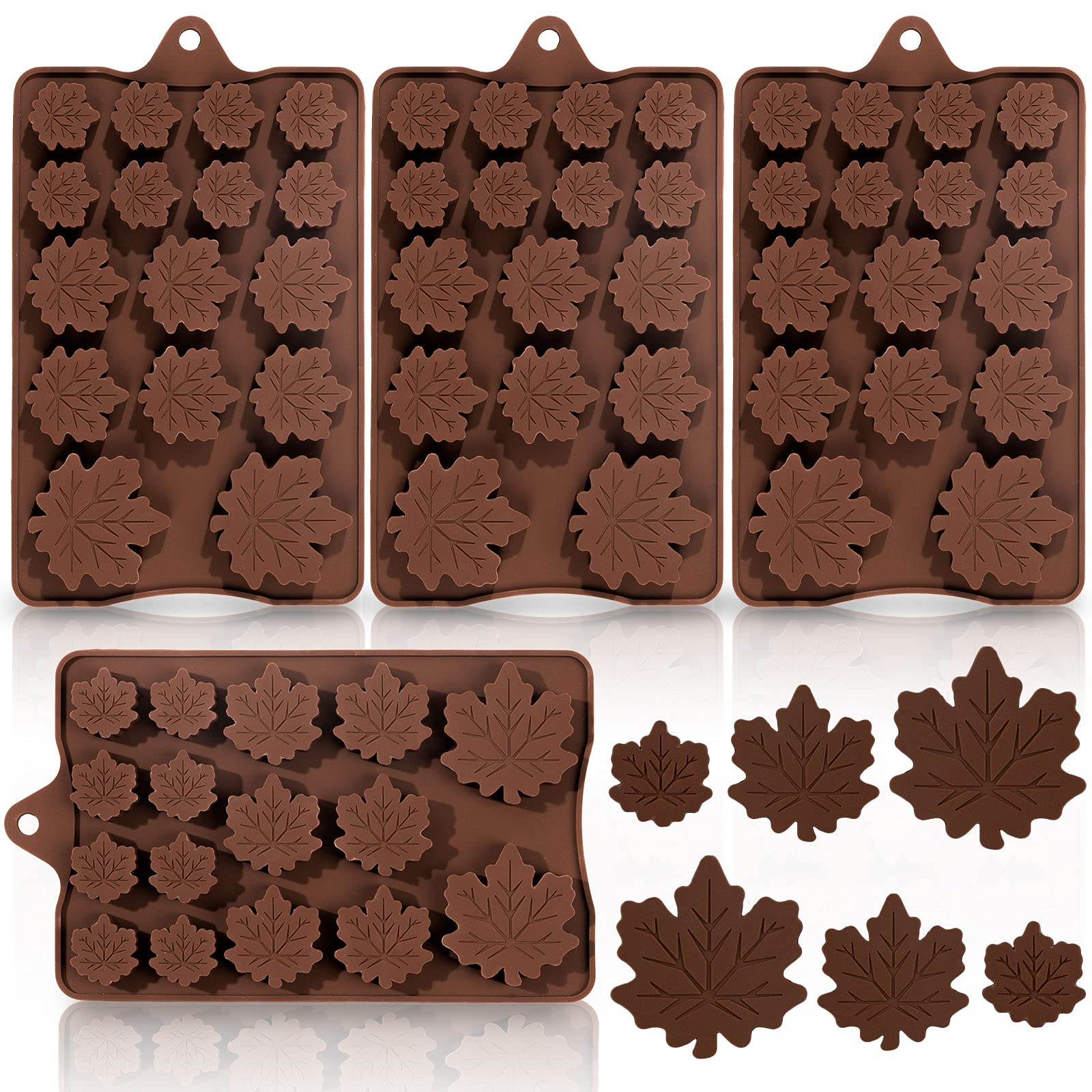 Whaline 4 Pack Silicone Maple Leaves Mold 3 Size Autumn Fall Fondant Resin Mould Brown Leaf Shape Coffee Candy Baking Molds for DIY Craft Fall Harvest Thanksgiving Halloween Cupcake Cake Topper Decor