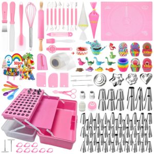 cake decorating kit,488pcs-piping bags and tips set,cake decorating supplies,frosting piping kit,with 60 piping tips cake decorating tools with multi-purpose 3-layer toolbox with tray(pink)