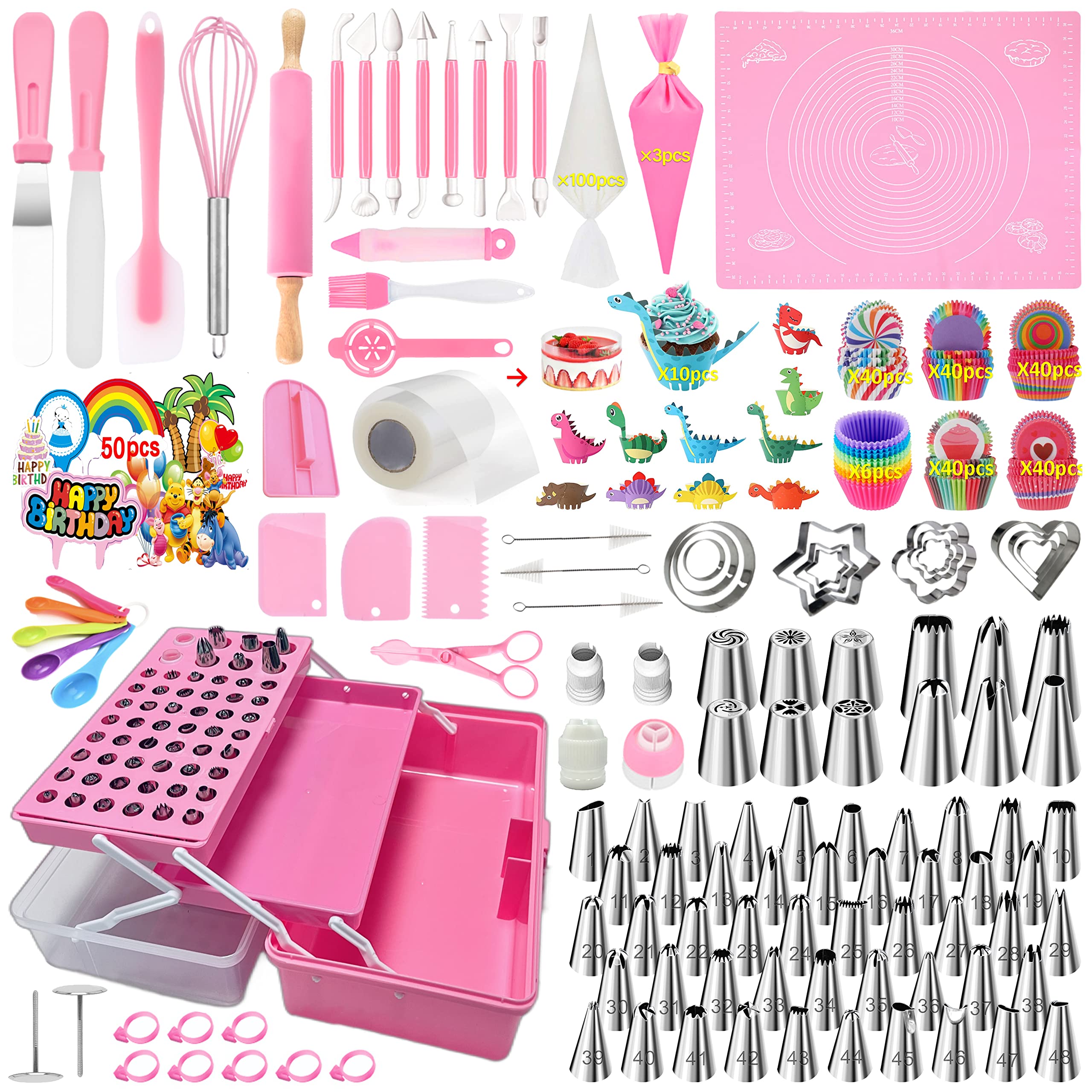 Cake Decorating Kit,488PCS-Piping Bags and Tips Set,Cake Decorating Supplies,Frosting Piping Kit,with 60 Piping Tips Cake Decorating Tools with Multi-Purpose 3-Layer Toolbox with Tray(Pink)