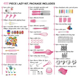 Cake Decorating Kit,488PCS-Piping Bags and Tips Set,Cake Decorating Supplies,Frosting Piping Kit,with 60 Piping Tips Cake Decorating Tools with Multi-Purpose 3-Layer Toolbox with Tray(Pink)