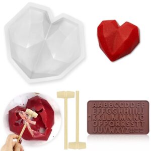 heart shaped chocolate mold, diamond heart mousse cake mold trays silicone chocolate dessert baking pan with 2 pieces wooden hammers and chocolate molds