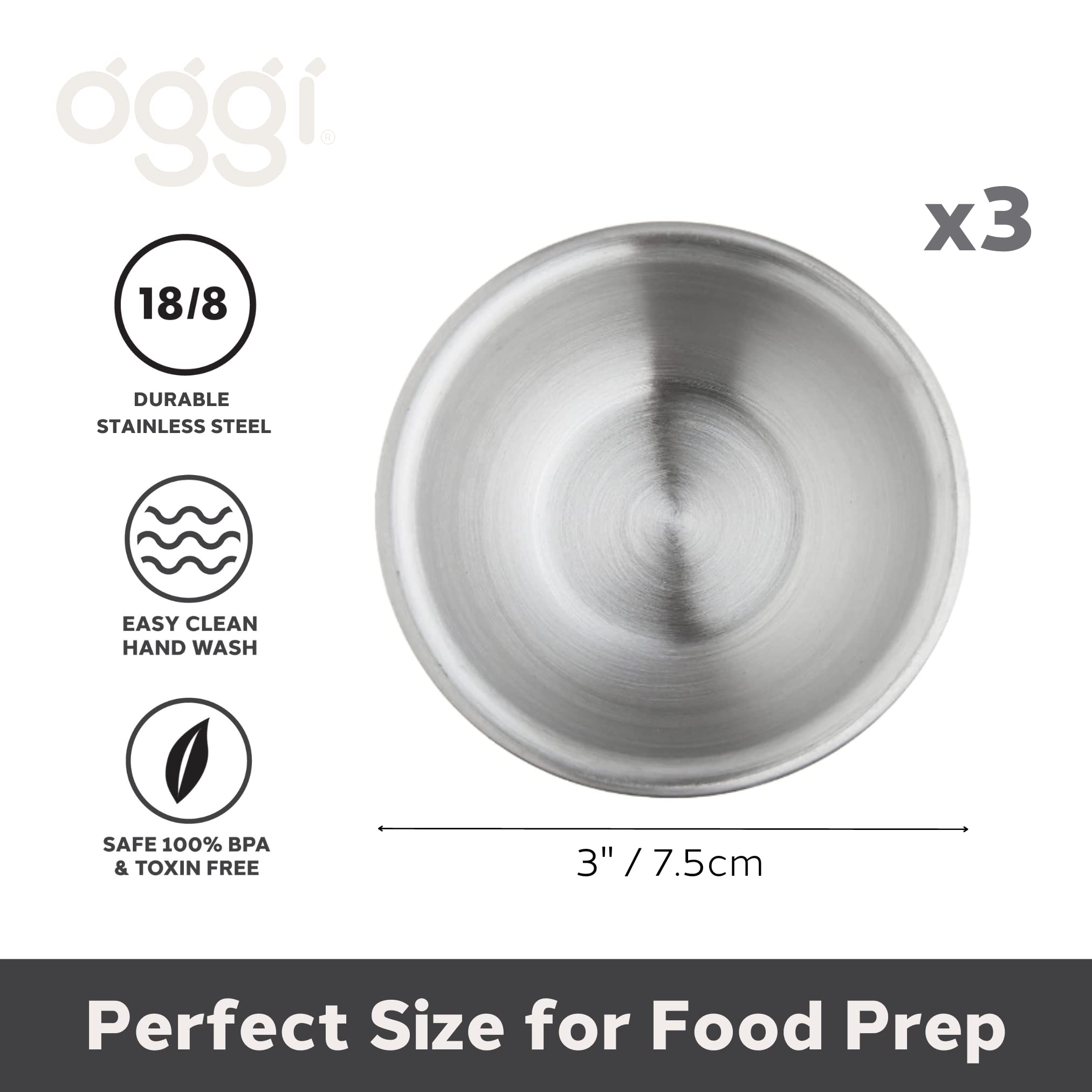 Oggi Set of 3 x Stainless Pinch Bowls - 3oz with Lids, Ideal Salt and Pepper Bowls, Storage Bowls with Lids, Condiment Bowls, Mini Bowls, Prep Bowls for Cooking, Mise en Place Bowls - Stainless Steel