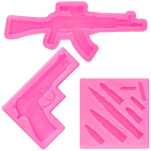 2 pieces gun silicone molds pistol machine gun mold and 1 piece mini sizes bullet silicone molds mini bullet silicone casting mold for cake decoration fondant cake decor tools, pink