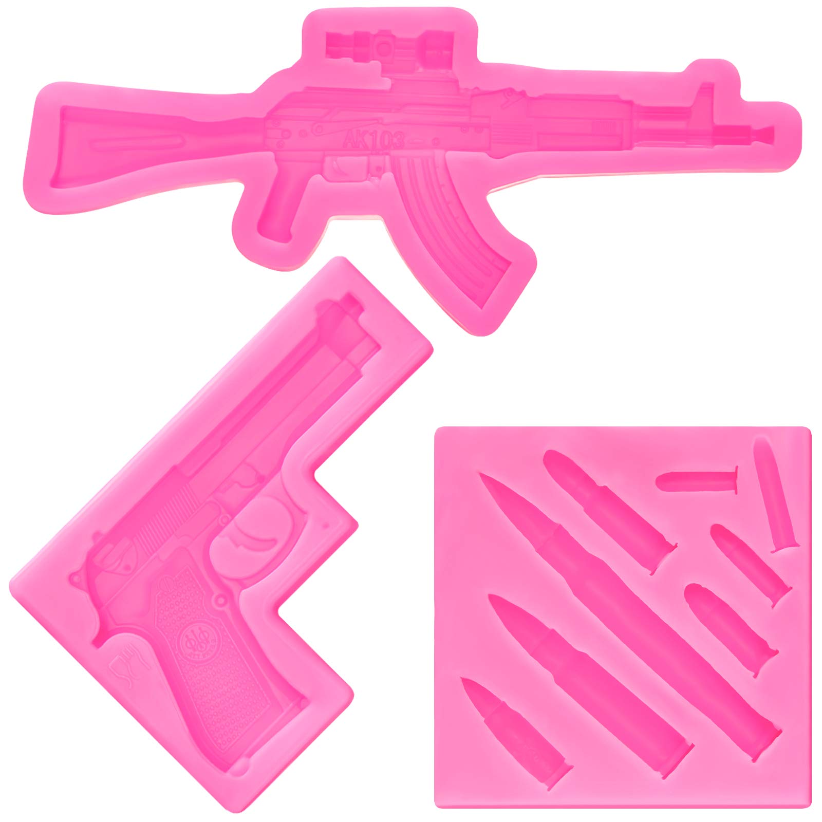 2 Pieces Gun Silicone Molds Pistol Machine Gun Mold and 1 Piece Mini Sizes Bullet Silicone Molds Mini Bullet Silicone Casting Mold for Cake Decoration Fondant Cake Decor Tools, Pink