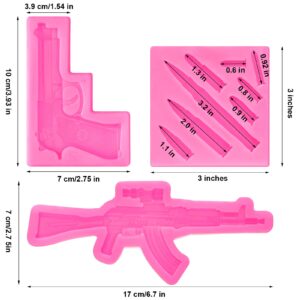 2 Pieces Gun Silicone Molds Pistol Machine Gun Mold and 1 Piece Mini Sizes Bullet Silicone Molds Mini Bullet Silicone Casting Mold for Cake Decoration Fondant Cake Decor Tools, Pink