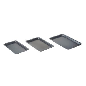 nifty cookie & baking sheets (set of 3) – non-stick coated steel, dishwasher safe, oven safe up to 450 degrees, includes large/med/small pans