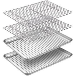 baking half sheet with rack set (2 pans + 2 racks), size 16 x 12 x 1 inches, aikwi stainless steel cookie pan with cooling rack for oven, nonstick bakeware, easy clean & heavy duty