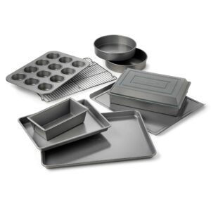 calphalon nonstick bakeware set, 10-piece set includes baking sheet, cookie sheet, cake pans, muffin pan, and more, dishwasher safe, silver