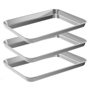 small baking sheet pan, 1/8 aluminum cookie sheets for baking, toaster oven pans heavy duty, deep edge, set of 3