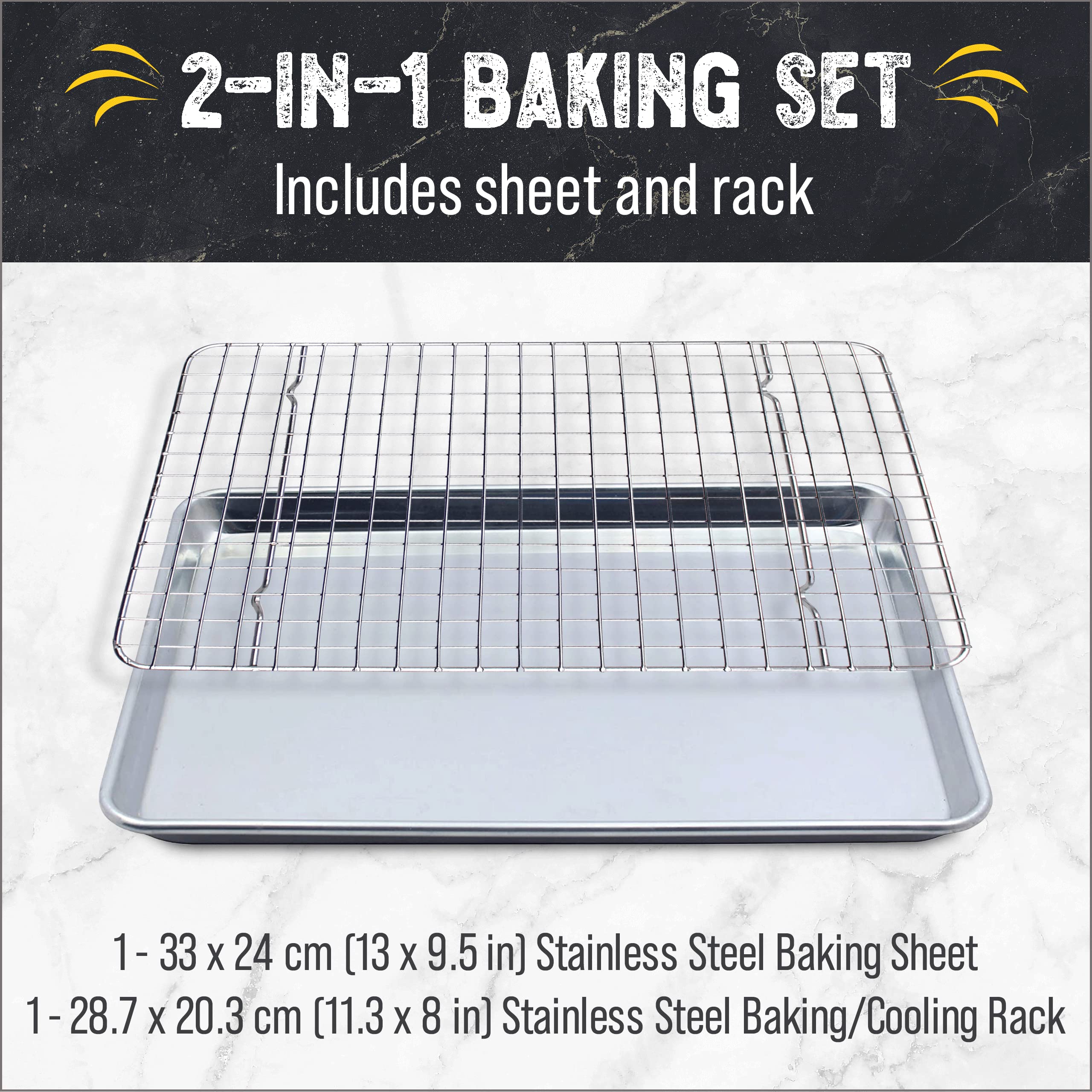 Checkered Chef Baking Sheet Set - Large 13" x 9.5" Stainless Steel Quarter Pan for Baking w/Oven Safe Cooling Rack