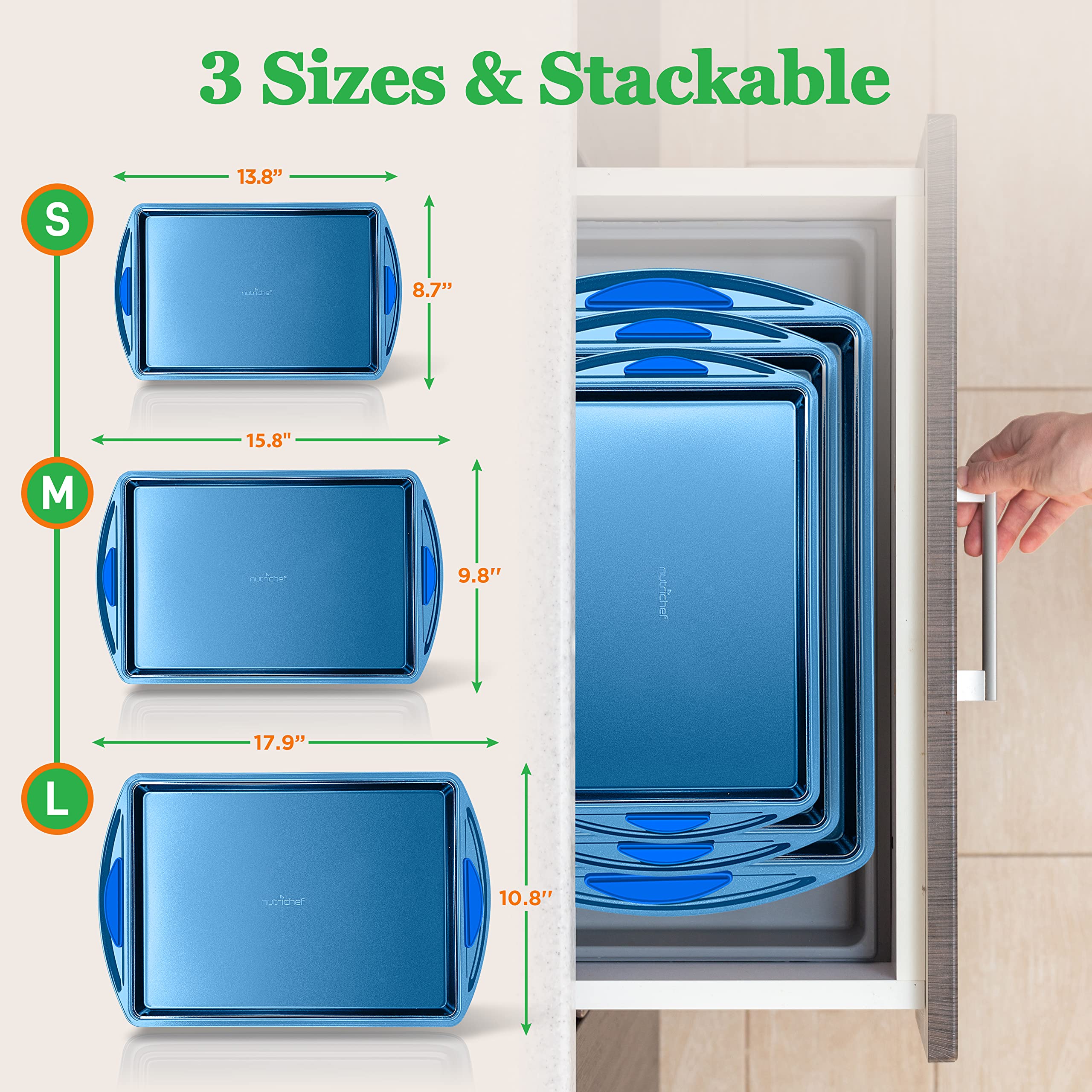 NutriChef 3-Piece Baking Sheet Set - Nonstick Cookie Sheets with Blue Silicone Handles, Flexible Carbon Steel, Easy-Clean & Stackable Bakeware - NCBK3S