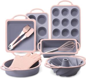 silicone bakeware sets, 10in1 silicone baking pans set, baking set, bundt cake pan set muffin pan with silicone spatulas pastry brush oven mitts whisk, silicone baking pan set for cheesecake (pink)