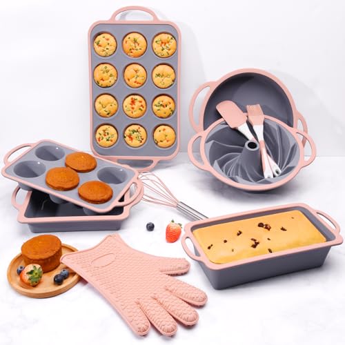 Silicone Bakeware Sets, 10in1 Silicone Baking Pans Set, Baking Set, Bundt Cake Pan Set Muffin Pan with Silicone Spatulas Pastry Brush Oven Mitts Whisk, Silicone Baking Pan Set for Cheesecake (Pink)