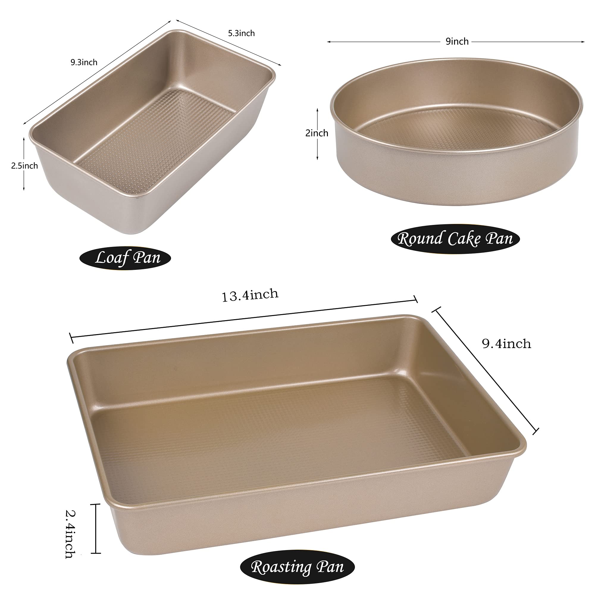 Kitcom Nonstick Bakeware Sets Textured 6-Piece with Cookie Sheet Set, Roasting Pan, Round Cake Pan, Loaf Pan, Heavy Duty Carbon Steel Premium Baking Pans, Champagne Gold