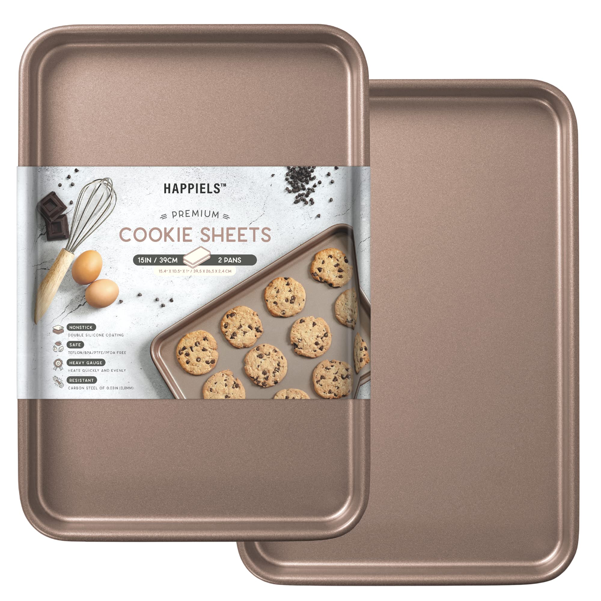 Happiels Non-Toxic Nonstick 15-inch Baking Sheets Nonstick 2-Pack Premium Quality Extra Thick | Cookie Sheets Nonstick Set 15 inches Carbon Steel | PREMIUM Jelly Roll Pan 15x10 | Sheet Pan 15in