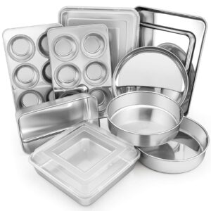 e-far 12-piece stainless steel bakeware sets, metal baking pan set include round cake pans, square/rectangle baking pans with lids, cookie sheet, loaf/muffin/pizza pan, non-toxic & dishwasher safe