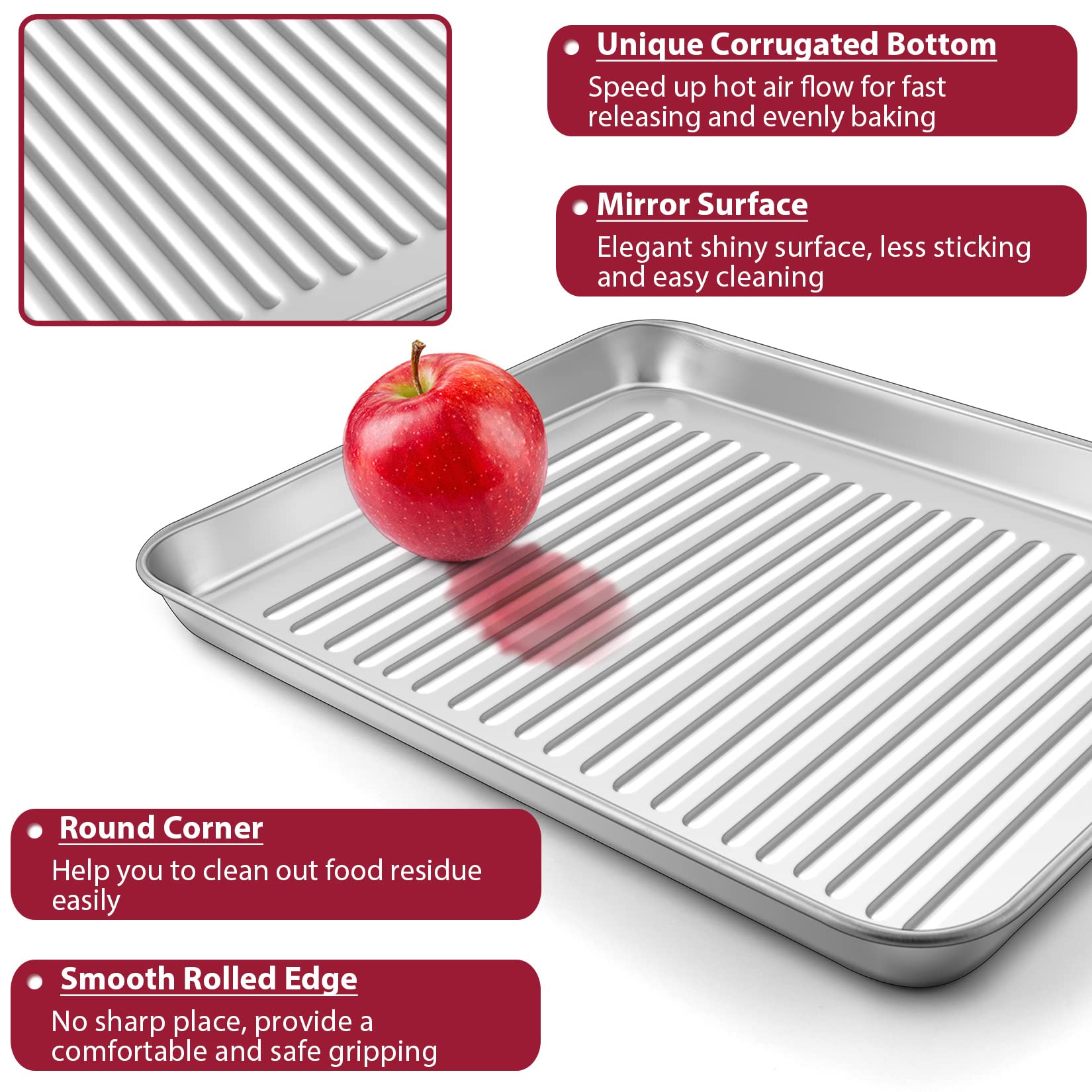 Large Baking Sheet Pan Set of 2 for Oven, P&P CHEF Stainless Steel Cookie Sheets Trays Bakeware, Rectangle 16 x 12 x 1 Inch, Corrugated Bottom & Mirror Finished Surface, Dishwasher Safe