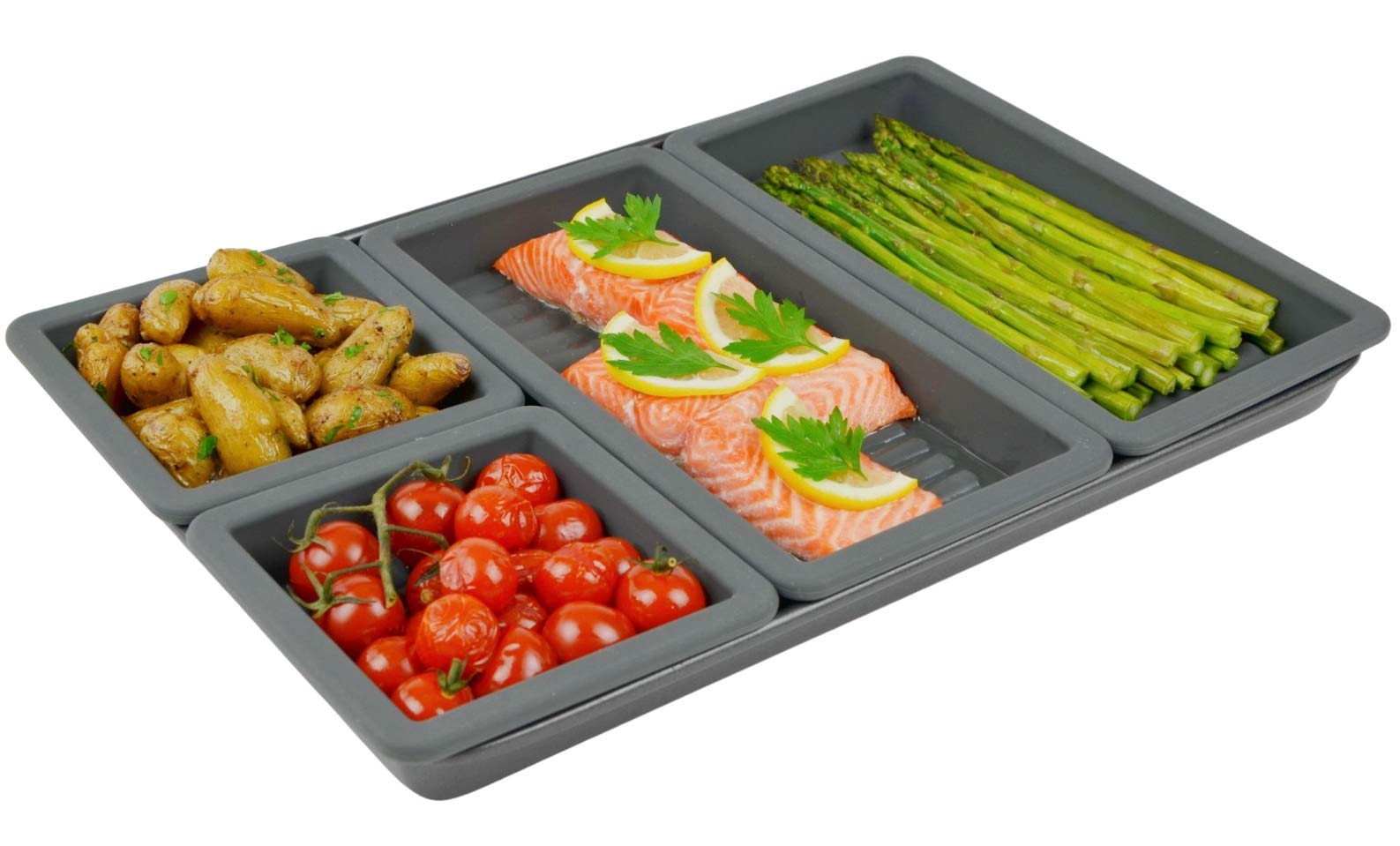 Gear Gurus Baking Pan Dividers - Silicone Baking Trays, Sheet Pan Cooking, Nonstick 4 Piece Set, Reinforced Rims, Ribbed Bottoms, Oven Dishwasher Safe