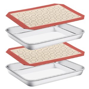 baking sheet with silicone mat set of 4 [2 sheets + 2 mats], deedro stainless steel cookie sheet baking pan with silicone baking mat, 9 x 7 x 1 inch, non toxic, heavy duty, easy clean