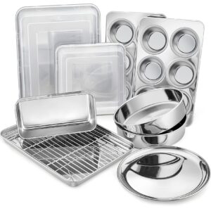 12-piece stainless steel baking pans set, p&p chef kitchen bakeware set, include baking sheet with rack, round/square cake pan, lasagna pan, loaf pan, muffin pan, pizza tray & 2 covers, durable