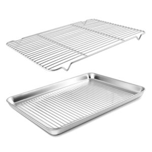 herogo baking pan sheet with cooling rack set for oven, 18 x 13 x 1 inch, stainless steel fluted bakeware cookie sheet tray non-stick, dishwasher safe