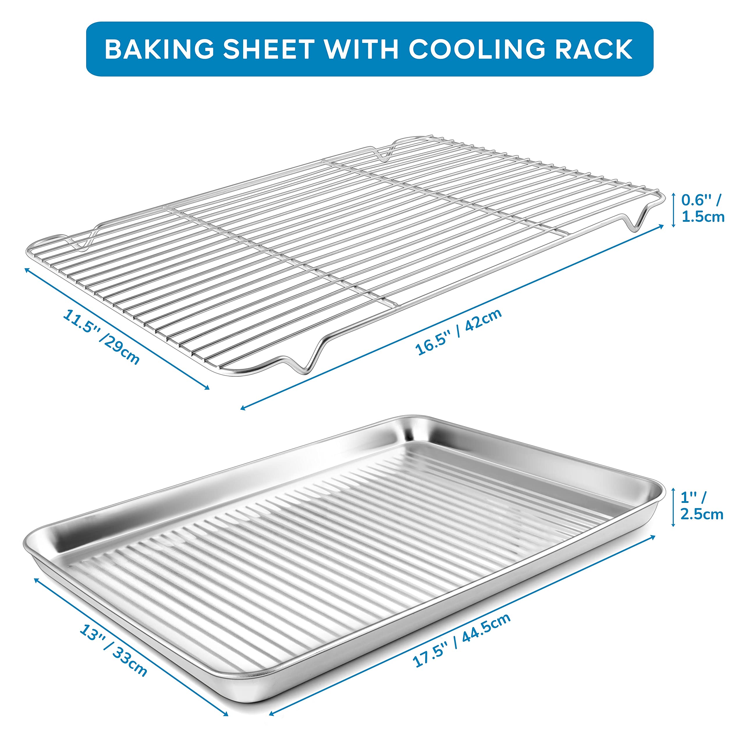 Herogo Baking Pan Sheet with Cooling Rack Set for Oven, 18 x 13 x 1 Inch, Stainless Steel Fluted Bakeware Cookie Sheet Tray Non-stick, Dishwasher Safe