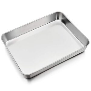 P&P CHEF Baking Sheet Rectangular Cake Pan, Stainless Steel Lasagna Pan for Lasagna Brownie Fish Meats, 9.7-inch by 12.3-inch, Heavy Duty & Easy Clean, Rectangle - Silver