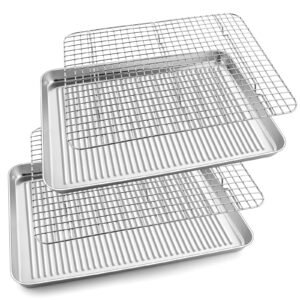 baking sheet pan with rack set, e-far 16”x12” stainless steel cookie sheet for oven cooking roasting, rimmed textured metal tray with wire cooling rack for resting bacon meat steak - dishwasher safe