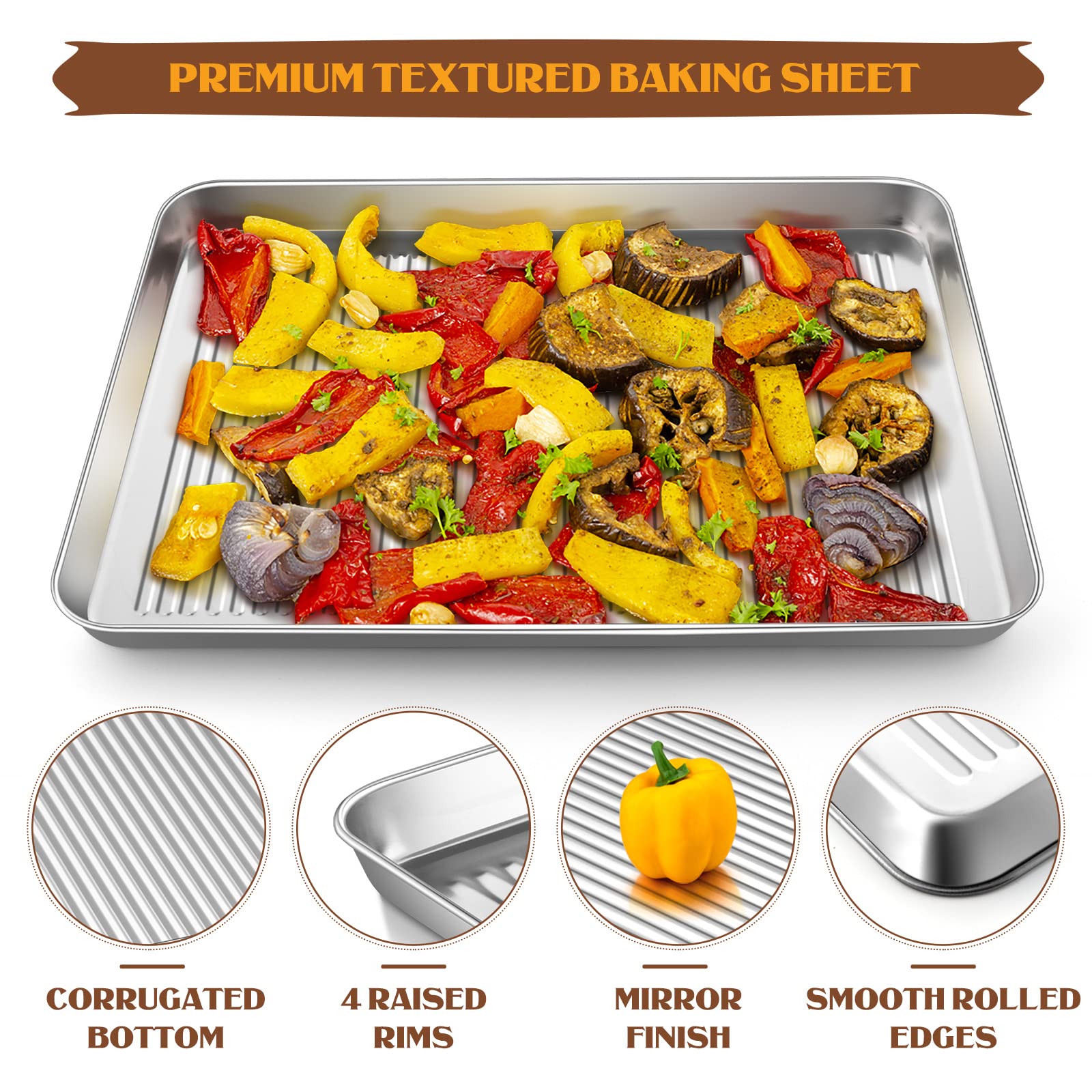 Baking Sheet Pan with Rack Set, E-far 16”x12” Stainless Steel Cookie Sheet for Oven Cooking Roasting, Rimmed Textured Metal Tray with Wire Cooling Rack for Resting Bacon Meat Steak - Dishwasher Safe