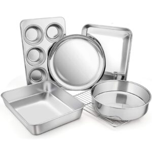 toaster oven bakeware set, e-far 6-piece stainless steel small baking pan set, include cake brownie pan/cookie sheet with rack/muffin tin/pizza pan, non-toxic & healthy, easy clean & dishwasher safe