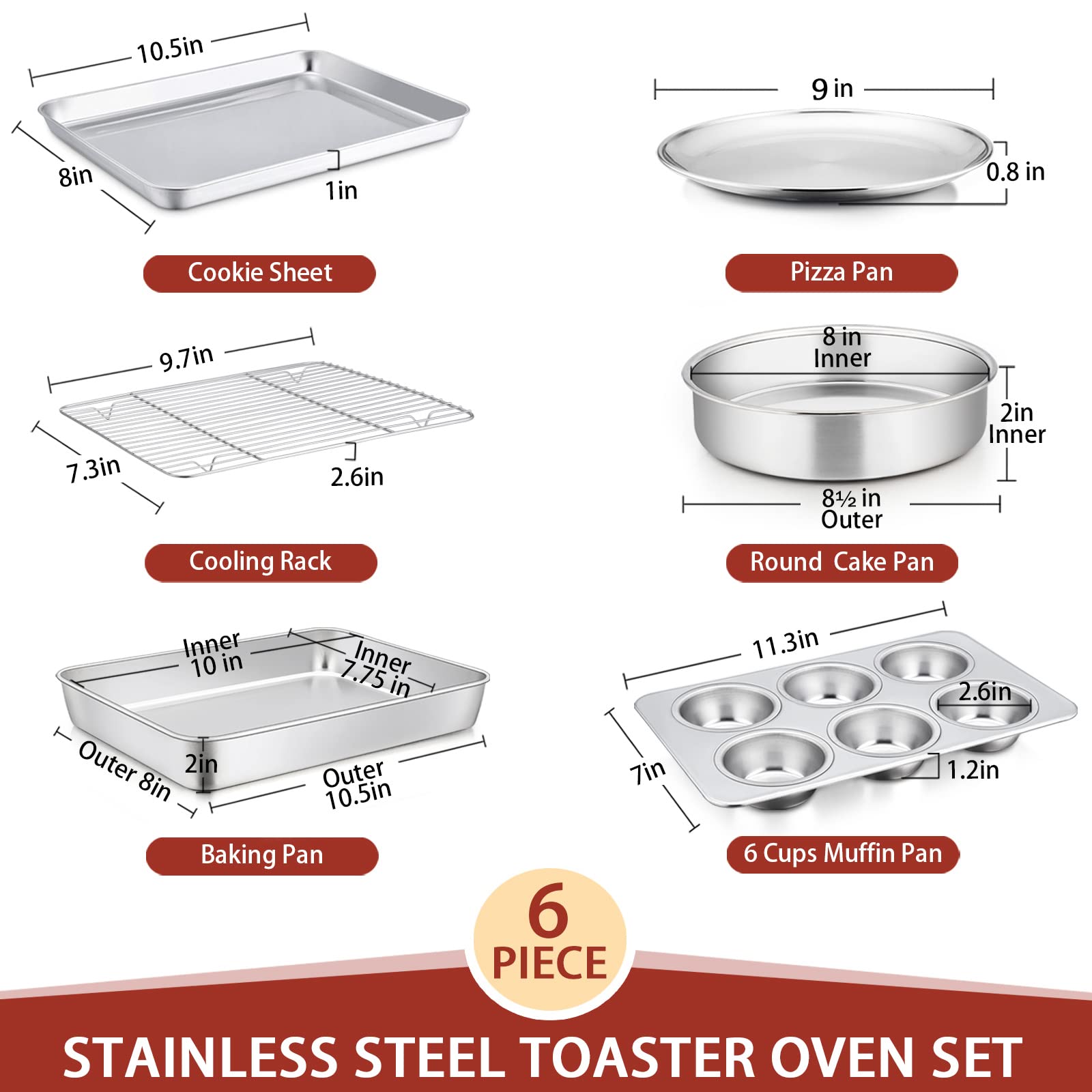 Toaster Oven Bakeware Set, E-far 6-Piece Stainless Steel Small Baking Pan Set, Include Cake Brownie Pan/Cookie Sheet with Rack/Muffin Tin/Pizza Pan, Non-Toxic & Healthy, Easy Clean & Dishwasher Safe