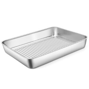 12.4 inch deep rectangular cake pan, p&p chef stainless steel baking pan lasagna pan for toaster oven, perfect to bake cookie cake meat, corrugated bottom & heavy duty, non-toxic & dishwasher safe