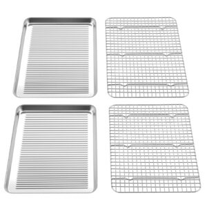 teamfar baking sheet and cooling rack set, 16 x 12 x 1 inch stainless steel baking pan cookie sheet with grid rack for kitchen cooking roasting, healthy & non-toxic, dishwasher safe (2 pans+2 racks)