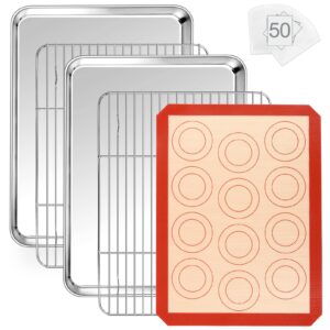 p&p chef 16 inch stainless steel baking sheets with racks and silicone mat, 55pcs cookie sheet oven tray and cooling cooking rack, oven safe, 2 pans + 2racks + 1 mat + 50 parchment papers