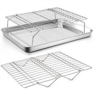 baking sheet and 2-tier cooling racks set, p&p chef stainless steel baking pan tray with stackable cooking wire rack for cookie bacon meat, uncoated & non-toxic, mirror finish& dishwasher safe - 3pcs