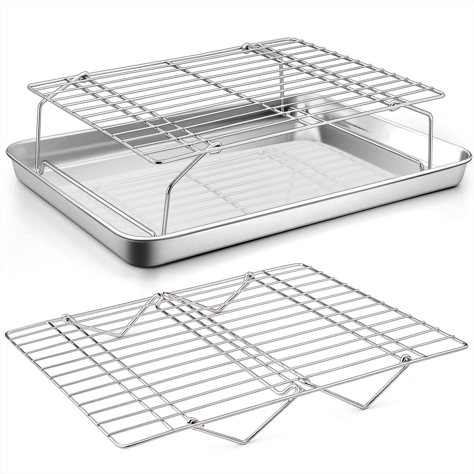 Baking Sheet and 2-Tier Cooling Racks Set, P&P CHEF Stainless Steel Baking Pan Tray with Stackable Cooking Wire Rack for Cookie Bacon Meat, Uncoated & Non-toxic, Mirror Finish& Dishwasher Safe - 3Pcs