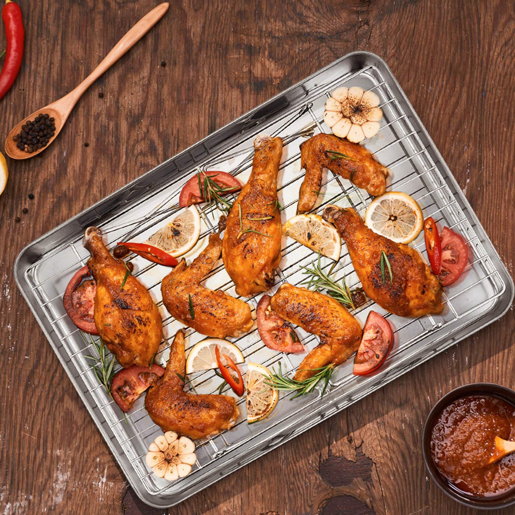 Baking Sheet and 2-Tier Cooling Racks Set, P&P CHEF Stainless Steel Baking Pan Tray with Stackable Cooking Wire Rack for Cookie Bacon Meat, Uncoated & Non-toxic, Mirror Finish& Dishwasher Safe - 3Pcs