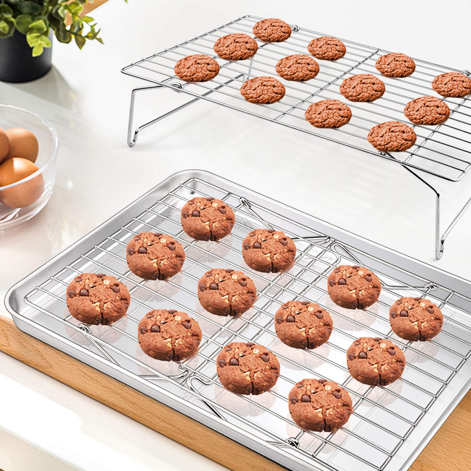 Baking Sheet and 2-Tier Cooling Racks Set, P&P CHEF Stainless Steel Baking Pan Tray with Stackable Cooking Wire Rack for Cookie Bacon Meat, Uncoated & Non-toxic, Mirror Finish& Dishwasher Safe - 3Pcs