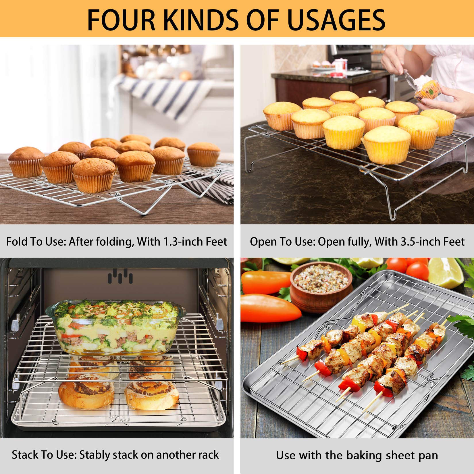 Baking Sheet and 2-Tier Cooling Racks Set, P&P CHEF Stainless Steel Baking Pan Tray with Stackable Cooking Wire Rack for Cookie Bacon Meat, Uncoated & Non-toxic, Mirror Finish& Dishwasher Safe - 3Pcs