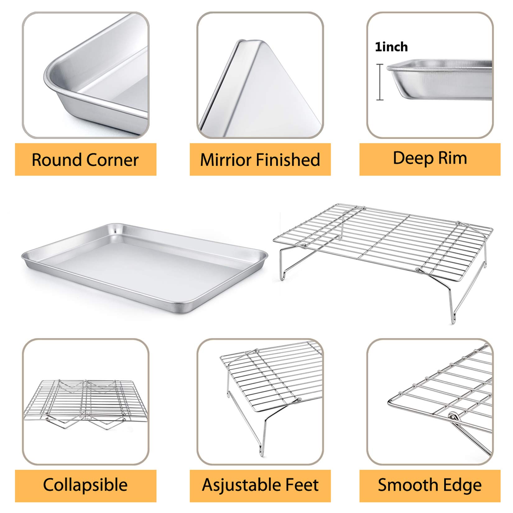 Baking Sheet and 2-Tier Cooling Racks Set, P&P CHEF Stainless Steel Baking Pan Tray with Stackable Cooking Wire Rack for Cookie Bacon Meat, Uncoated & Non-toxic, Mirror Finish& Dishwasher Safe - 3Pcs