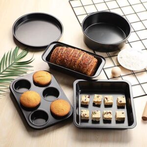 Mttie Baking Pans Set 5-Piece Toaster Oven Pans Bakeware Cooking Includes Nonstick Cake Pans/Loaf Pan/Cupcake Pan/Pizza Pan/Cookie Pan, Carbon Steel Baking Pan Set,Black