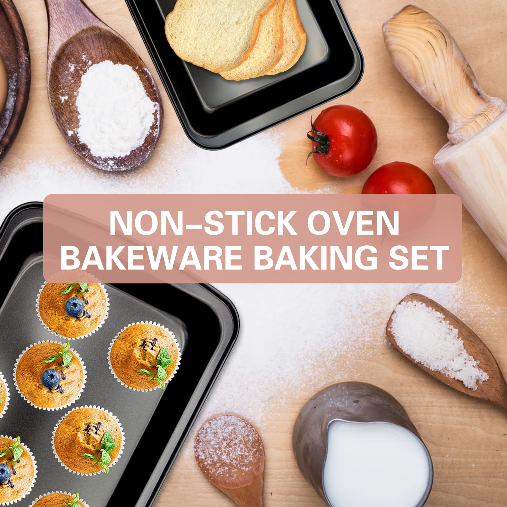 PINVNBY Baking Pans Set,Nonstick Bakeware Set with Baking Sheet, Muffin Pan, Round Cake Pan, Pizza Pan, Kitchen Oven Pan Baking Sheet Set, Complete Carbon Steel Bakeware Set (3 Pieces)